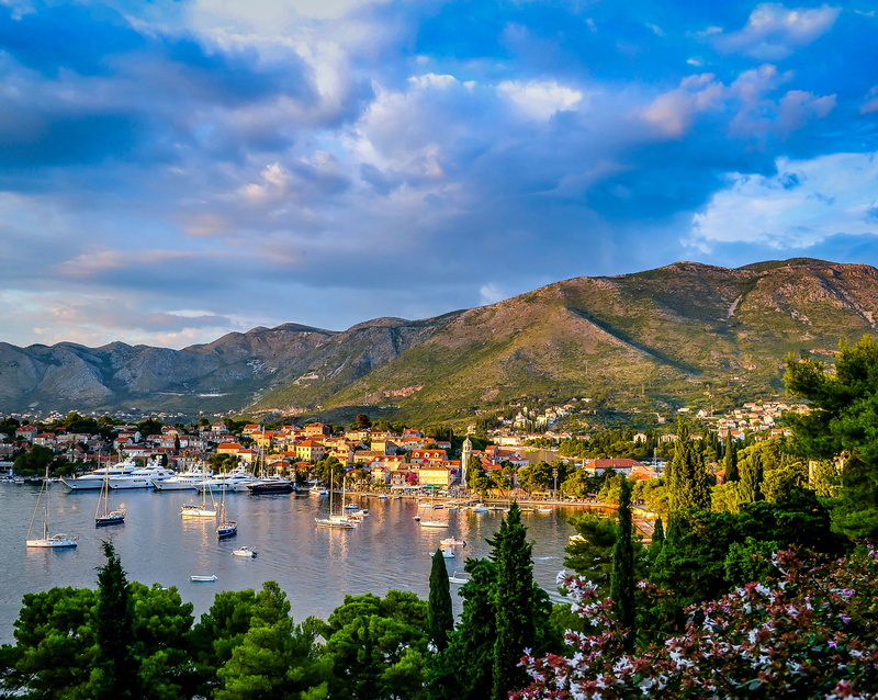 built structure, mountain, croatium, surrounded, photo, building, yatch, green, cloud - sky, harbor, travel destinations, cavtat, landscape, trees, houses