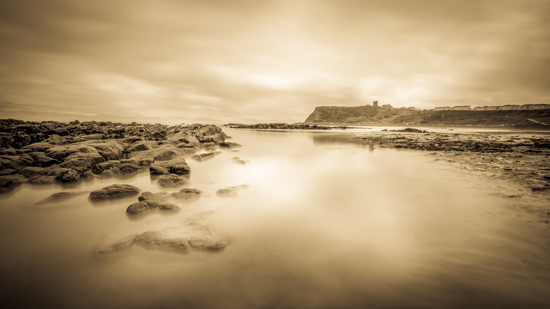 cloud - sky, rock - object, sky, holiday, lagoon, sepia, land, solid, 5K, tranquility, seascape, water, sea, marine drive, environment, coast, castle