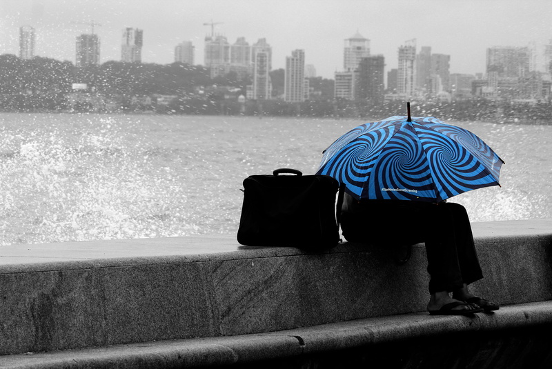 one person, blue, 4K, umbrella, real people, architecture, water, sea, outdoors, cityscape, mumbai, built structure, men, city, protection, marine drive