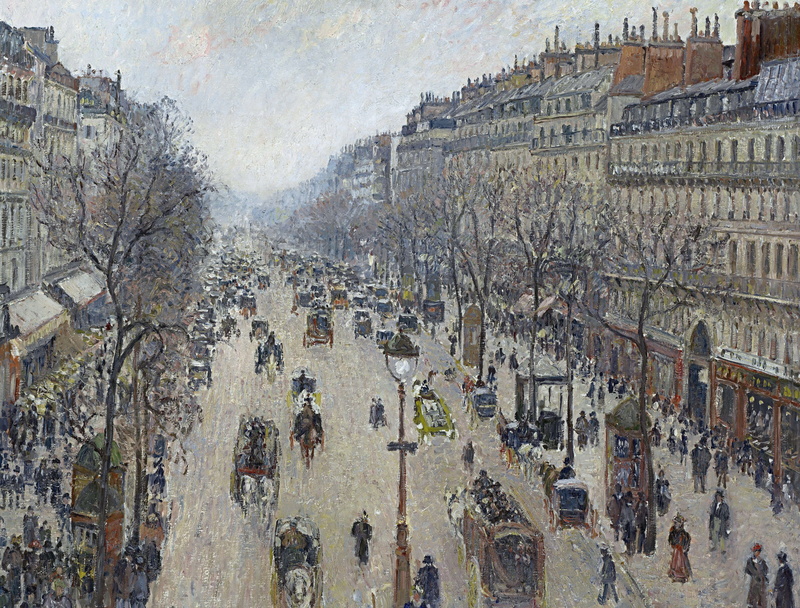 the urban landscape, picture, home, street, Camille Pissarro, The Boulevard Montmartre. Morning. Overcast, 5K