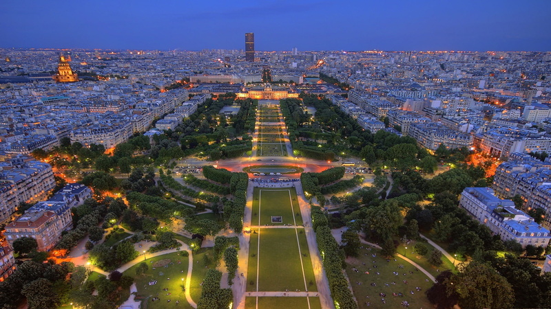 twilight, Tuileries, garden, panorama, Park, Paris, lights, France, 1080P