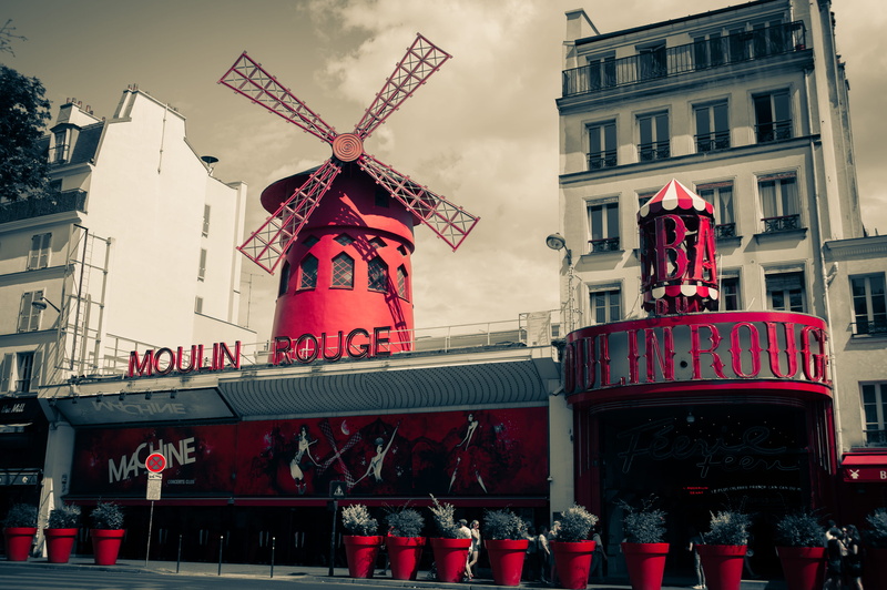 windmill, outdoors, nightclub, architecture, sky, nature, building, day, street, urban, paris, built structure, moulin rouge, city, france, town, women