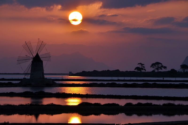 red, 4K, sea, tree, wind, water, landscape, mill, forest, sunset, cloud