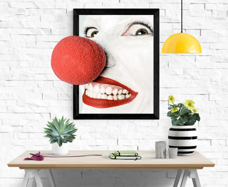 human, circus, clown, comedian, day, make up, grin, funny, wall, table, snoot, no people, flower, human representation, image, art and craft, lipstick