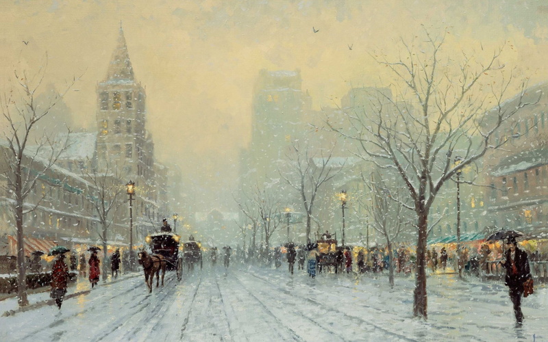 blue, Art And Creative, cityscape, 2K, transportation, bare, day, snowing, trees, street, bare tree, art, painting, large group of people, tree, extreme weather