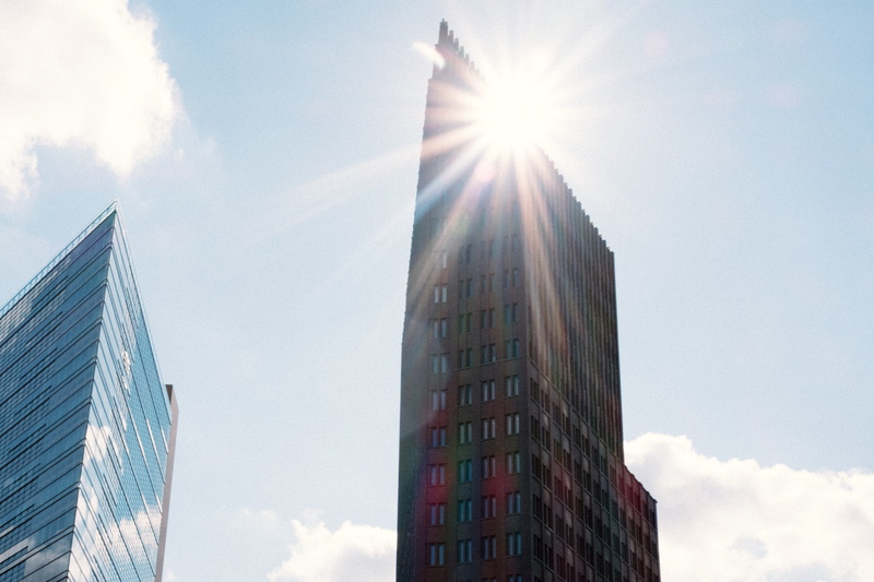sun, urban Scene, architecture and Cityscape, glass - Material, platz, 4K, financial district, office building exterior, no people, building Exterior