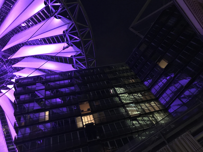 neon, night, berlin, outdoors, low angle view, 4K, reflection, office building exterior, illuminated, built structure, office, skyscraper, modern, city lights