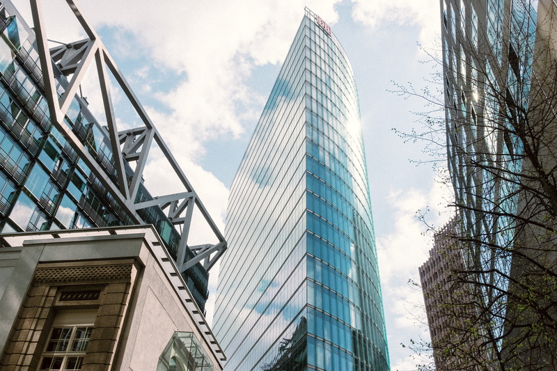 city, blue, modern, business, low angle view, architecture, city Life, Potsdamer Platz, cityscape, office building exterior, steel, built Structure, urban Scene