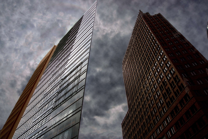 tower, reflection, buildings, windows, low angle shot, sunlight, cloudy, city, no people, 4K, office building exterior, day, potsdamer platz, sky, skyscraper
