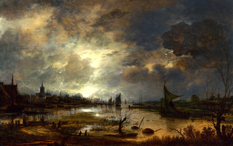 picture, landscape, night, boat, The river near the Town in the Moonlight, sail, 4K, Aert van der Neer, Art van der NEER