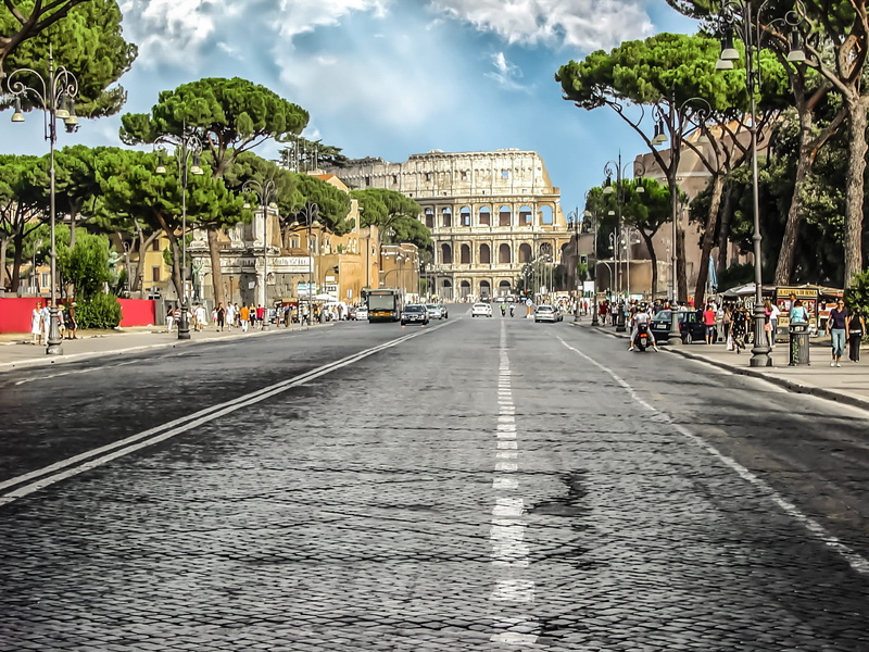 rome, gray, concrete road, incidental people, nature, city, the past, built structure, plant, ruin, arena, outdoors, road, italian, travel, near, architecture