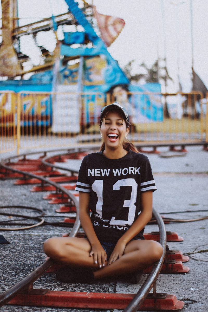 t, woman, sitting, lifestyles, full length, white, portrait, girl, teeth, child, casual clothing, 4K, crew, carnaval, toothy smile, day, real people, outdoors