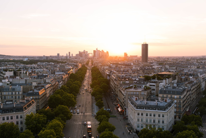 european, europe, boulevard, outdoors, summer, architecture, no people, sunset, skyscraper, high angle view, urban, orange, skyscrapers, tower, france