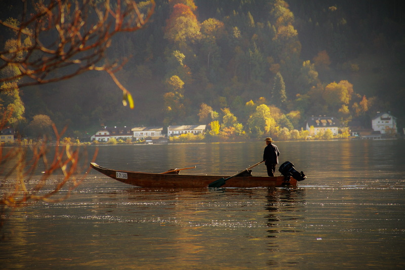 motorboat, autumn landscape, fishing, boot, angler, men, fishing boat, nautical vessel, emerge, real people, golden autumn, color, lake, 4K, transportation
