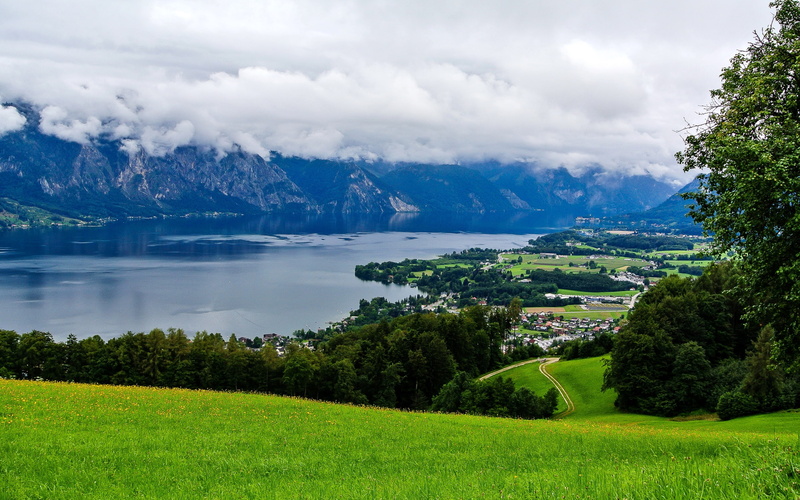 2K, scenery, traunsee, mountains, nature, grass, austria, lake