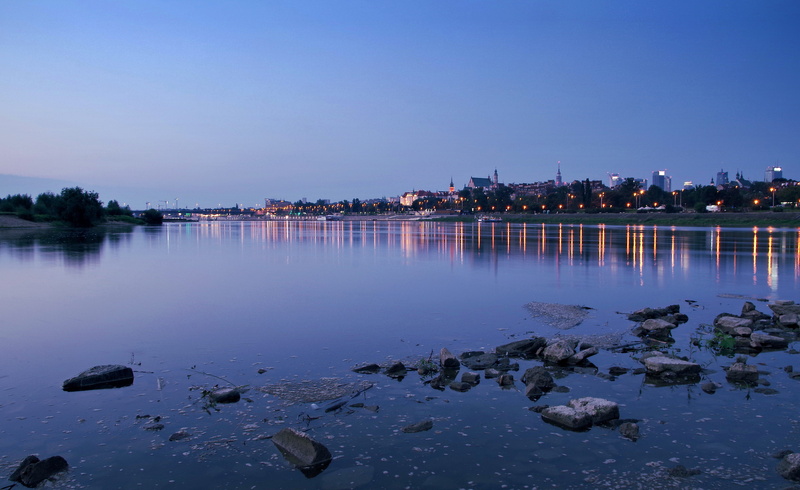 night, water, cold, wisla, tree, beauty in nature, warsaw, 5K, clear sky, tranquil scene, reflection, bridge, illuminated, morning, dark, built structure