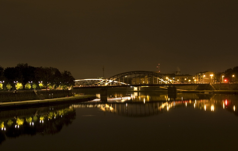 arch bridge, waterfront, 2K, Night, nature, architecture, wisla, reflection, River, water, Landscape, building exterior, Kraków, the old town, transportation