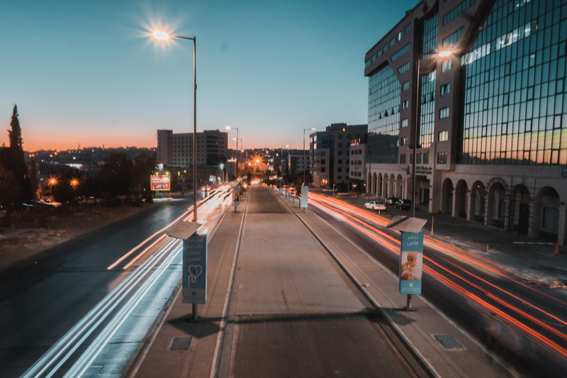 long exposure, cars, orange and teal, office building exterior, sunset, track, transportation, illuminated, jordan, 5K, dusk, art, sky, road, built structure