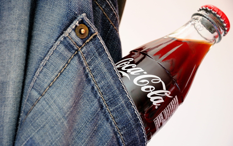blue, bottle, textile, studio shot, indoors, denim, retail, coca cola, jeans, casual clothing, Other, clothing, drink, pocket, cola, close-up, red, coca