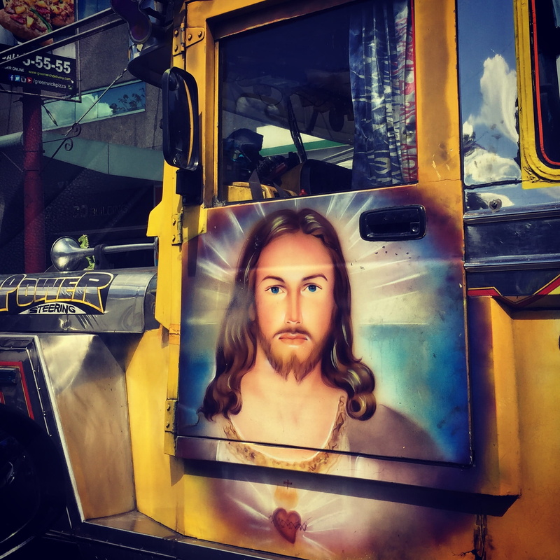 window, front view, glass - material, Jeepney, spirituality, christianity, lifestyles, reflection, belief, jesus, creativity, art, young adult, symbolic