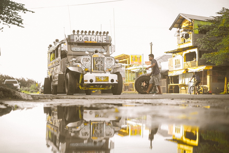 automobile, road, city, jeepney, industry, building, 4K, day, vehicle, alloy wheel, motor vehicle, transportation, puddle, nature, bicycle, man, architecture