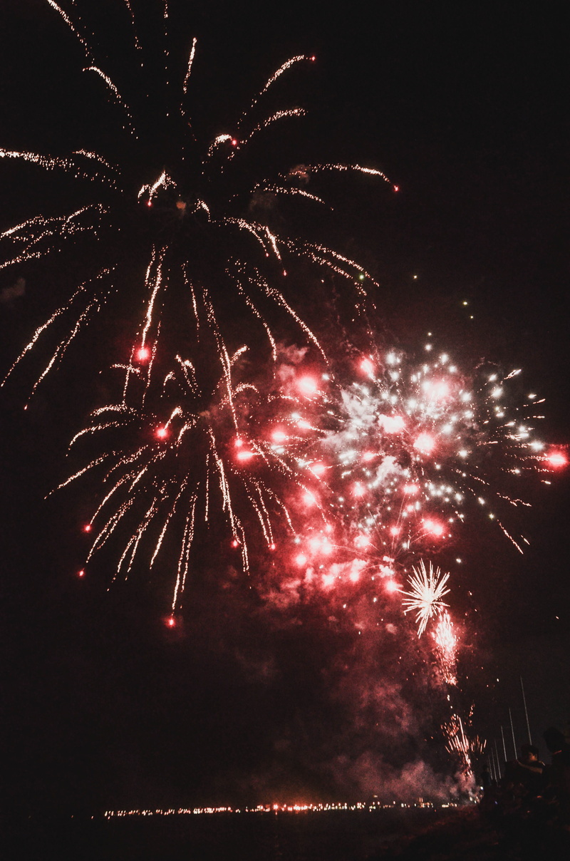 firework display, explosive, entertainment event, bay, sm by the bay, sparks, firework, celebration, portrait, red, night, smoke - physical structure, motion