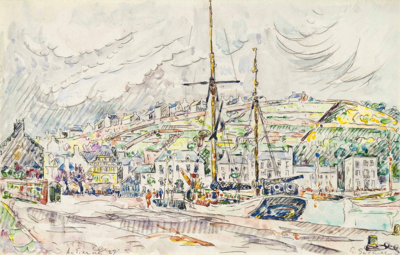 Audierne, the city, watercolor, figure, port, ship, 2K, Paul Signac