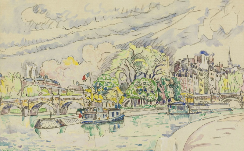 watercolor, 1925, The Siene at Vert-Galant, Paul Signac, figure, 1080P