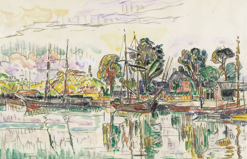 figure, ship, shore, Paul Signac, Paimpol, watercolor, 1080P
