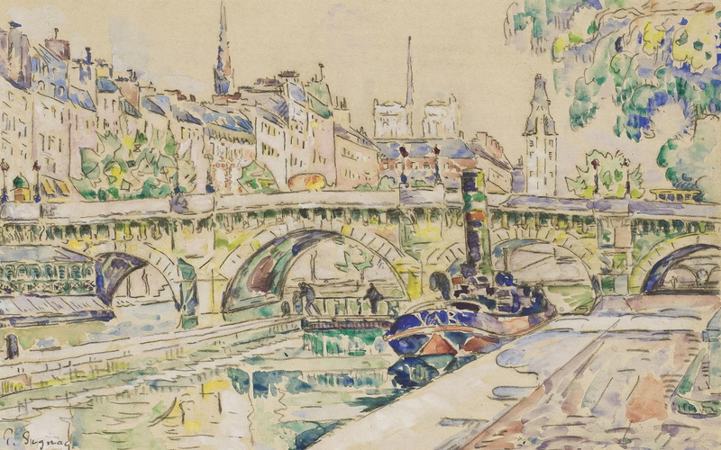 watercolor, 2K, The Pont-Neuf. Paris, figure, bridge, Paul Signac