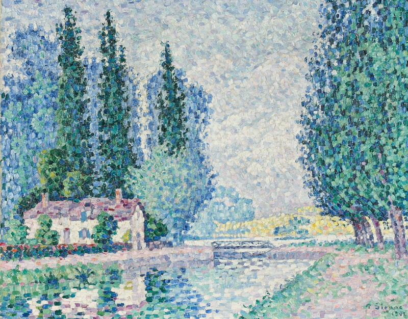 trees, picture, pointillism, house, Paul Signac, Auxerre. Channel, 1080P, bridge, landscape
