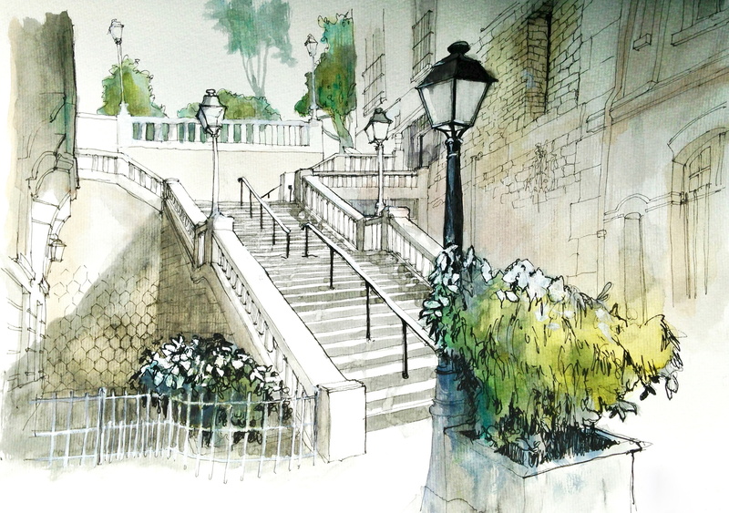 Paris, watercolor, 2K, ladder, lantern, Montmartre, figure