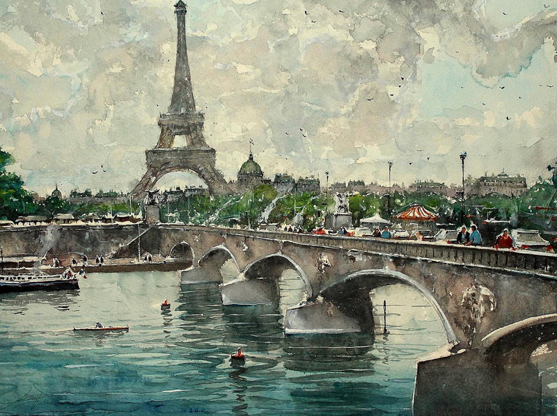 Maximilian DAmico, history, water, outdoors, Paris, the urban landscape, picture, bridge, building exterior, built structure, nature, travel, arch, watercolor