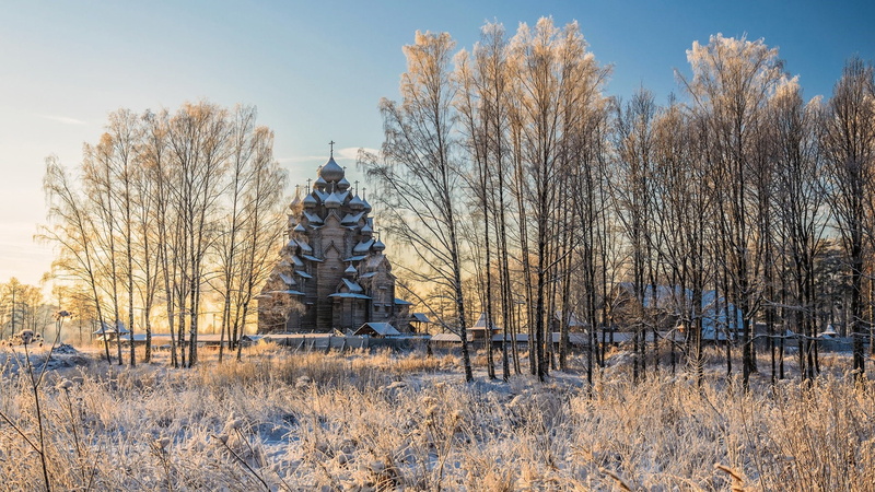 plant, russia, hoarfrost, architecture, cold temperature, 1080P, day, church, outdoors, scenics - nature, leningrad, cloud, rural area, nevskiy park, winter