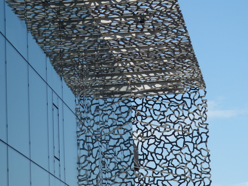 pattern, museum, sky, window, building, low angle view, building exterior, shape, sunlight, nature, metal, outdoors, no people, modern, south of france
