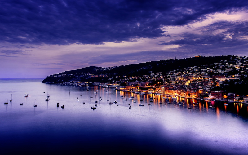 evening, lights, the Cote d Azur, 4K, city, France, clouds, water, dusk, Sea, sky, Villefranche, body
