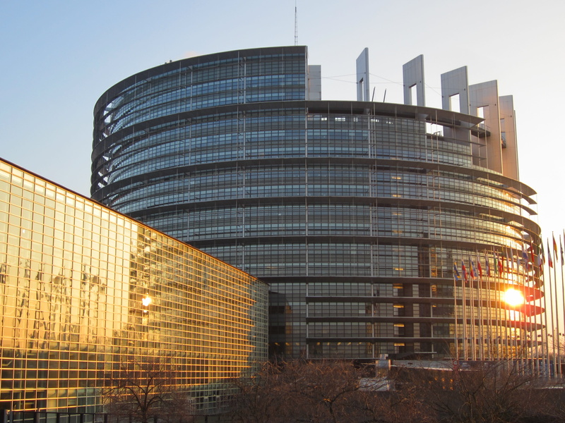 alsace, parliament, european parliament, low angle view, built structure, france, building exterior, no people, nature, flags, architecture, office building exterior