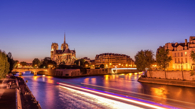 sky, built structure, purple, lighting, architecture, seine, tourism, cityscape, tourist attraction, motion, transportation, 4K, city, night, river, travel