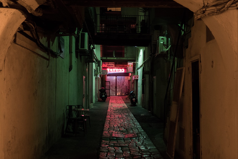 building exterior, illuminated, city, vanishing point, no people, diminishing perspective, building, the way forward, neon, dark, narrow, night, architecture