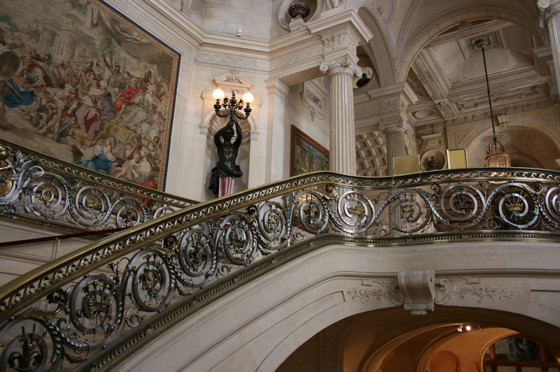 staircase, ceiling, architecture, château de chantilly, ornate, france, indoors, arch, built structure, building, art and craft, sculpture, lighting equipment