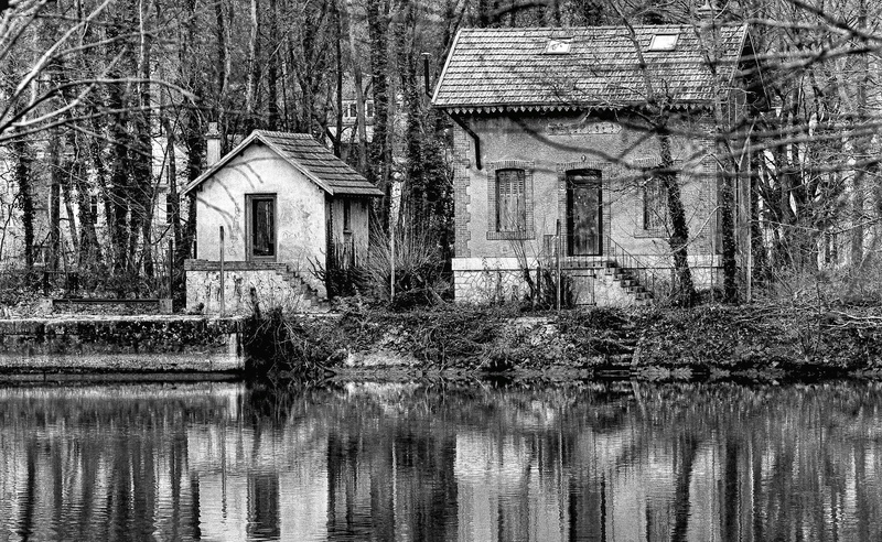 built structure, nature, river seine, day, france, water, plant, fontainebleau, tree, waterfront, no people, old, residential district, black and white