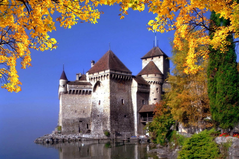 water, branches, autumn, swinzerland, falli, castle, chateau, switzerland, de, quiet, tree, colors, 720P, chillon, lovely, montreux