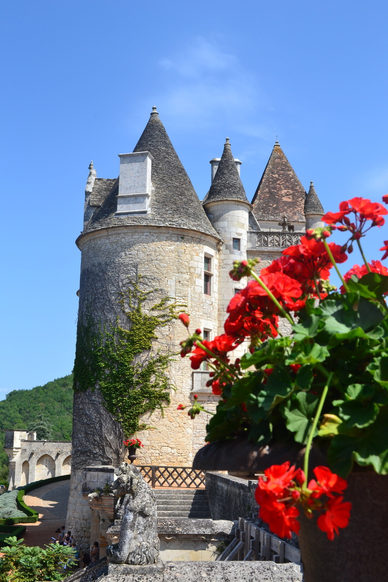 flower, place of worship, religion, aquitaine, day, castle, tower, architecture, clear sky, chateau des milandes, outdoors, 4K, renaissance, dordogne
