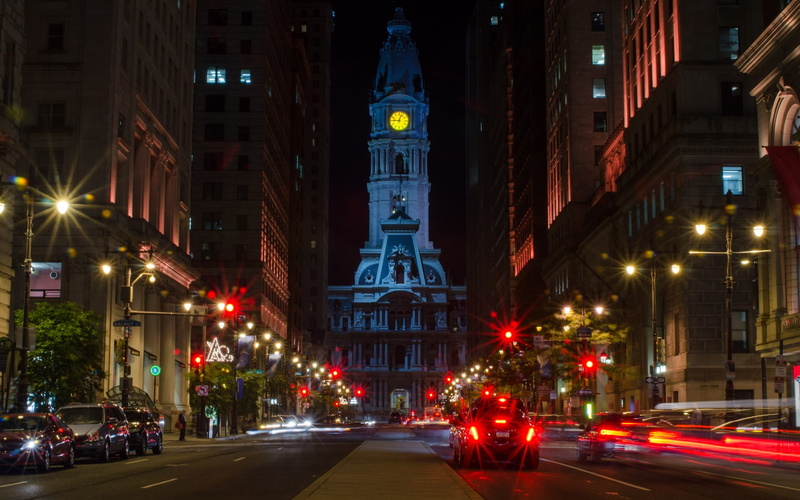 building exterior, 1080P, road, travel destinations, christmas, mode of transportation, office building exterior, street, illuminated, car, city, philadelphia