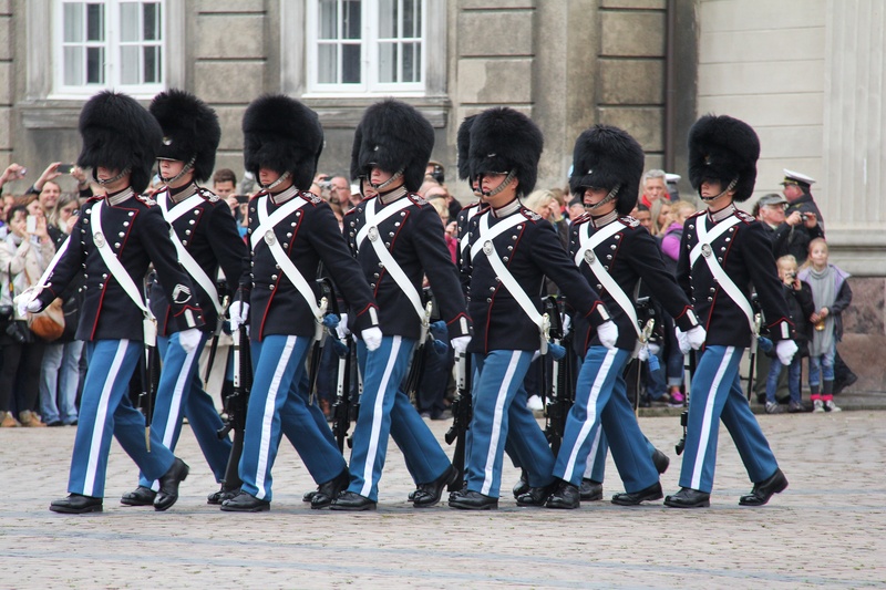 capital, castle, changing of the guard, amalienborg palace, black, danish, scandinavia, group of people, building exterior, city, built structure, army