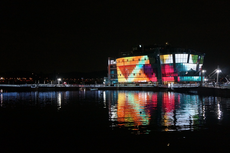 copy space, sebit floating island, travel destinations, nature, building, building exterior, multi colored, night view, 4K, city, river, built structure
