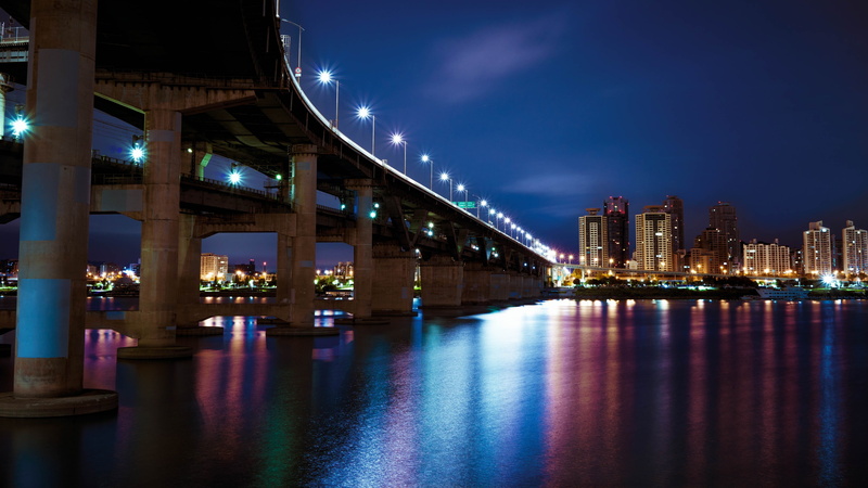 4K, south korea, cityscape, night, sky, lighting, cheongdam bridge, bridge, han river, river, skyline, downtown, evening, water, seoul