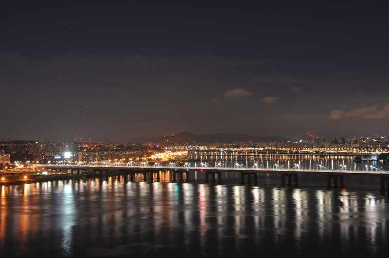 night view, seoul, water, illuminated, building, city, connection, outdoors, architecture, 4K, cityscape, motion bridge, cloud - sky, night, waterfront