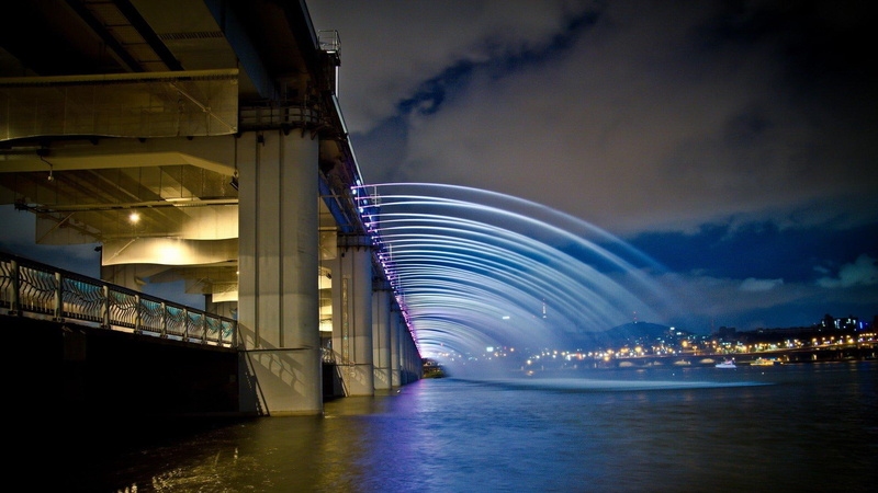 bridge, 1080P, waterfall, japan, bridhe, night, lights, white, nature and landscapes, banpo, concrete