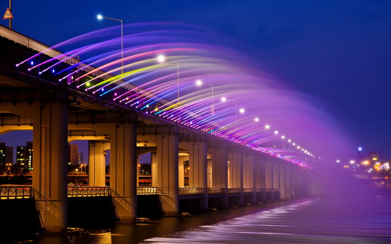 river, connection, architecture, rainbow, 1080P, nature, no people, lighting equipment, architectural column, glowing, concrete, cityscape, night, built structure